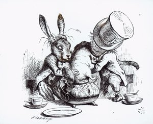 O Chapeleiro Maluco e a Lebre de Março colocando o Dormouse no Bule, ilustração de "Alice no País das Maravilhas", de Lewis Carroll, 1865 de John Tenniel