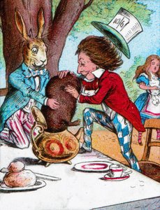 O Chapeleiro Maluco e a Lebre de Março tentando colocar o Leirão em um bule de chá, c1910 de John Tenniel