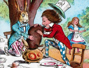 O Chapeleiro Maluco e a Lebre de Março tentando colocar o Leirão em um bule de chá, c1910 de John Tenniel