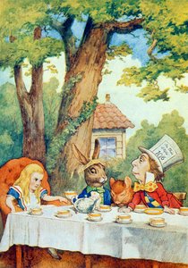 O tea party do chapeleiro louco, ilustração de "Alice no país das maravilhas" por Lewis Carroll (1832-9)