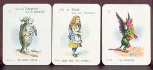 Três cartas de &39;Família feliz&39; retratando personagens de &39;Alice no País das Maravilhas&39; por Lewis Carroll de John Tenniel