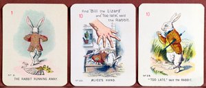 Três cartas de família feliz retratando personagens de Alice no país das maravilhas por Lewis Carroll de John Tenniel