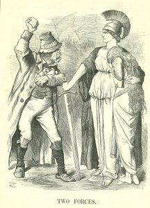 Duas Forças: A Liga Irlandesa de Terras foi proibida. Britannia protege Hibernia (Irlanda) com a Força da Lei contra a Força da Anarquia. John Tenniel cartoon de Punch, Londres, 29 de Outubro de 1881. de John Tenniel