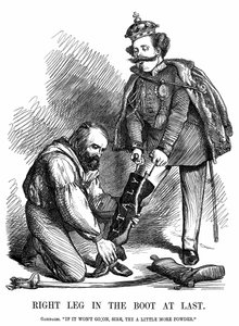 Unificação da Itália: Giuseppe Garibaldi (1807-1882) ajudando Victor Emmanuel II (1820-78) a colocar no porta-bagagens da Itália. Desenho animado de John Tenniel de Punch, Londres de John Tenniel