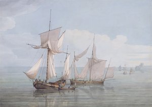Um Hoy e um Lugger com outro transporte em um mar calmo (wc, caneta e tinta preta em papel de wove)
