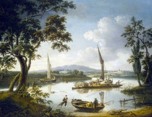 Vista do Tamisa em Shillingford (Inglaterra), com a Abadia de Dorchester no horizonte. Óleo sobre tela de John Thomas Serres