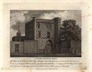 Um curioso portão em alvenaria variegada chamado St John Gate, a casa mais antiga de Stepney. de John Thomas Smith
