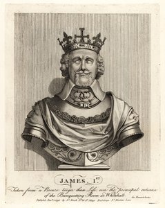 O Rei James I de Inglaterra, tirado de um busto de bronze sobre a entrada da sala de banquete em Whitehall de John Thomas Smith