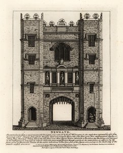 Newgate, reconstruído em 1672 após o incêndio de Londres, com três figuras Justiça, Fortaleza e Prudência do antigo portão construído pelo prefeito de Londres Richard Wittington de John Thomas Smith