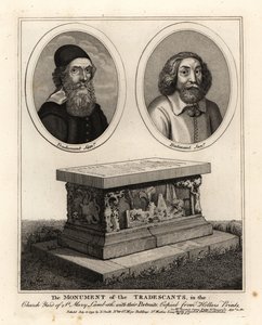 Retratos ovais de naturalistas e colecionadores John Tradescant the Elder and Younger, e seu túmulo no adro da igreja de Santa Maria Lambeth de John Thomas Smith
