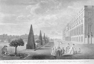 Uma visão oblíqua da frente leste de Hampton Court com parte do jardim, c.1744