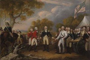 Batalha de Saratoga, o general britânico John Burgoyne se rende ao general americano Horatio Gates, 17 de outubro de 1777, c.1822-32