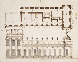 Castle Howard, Yorkshire: Um Projeto Inicial para as três Baías da Elevação do Sul ou Frente Jardim e nove alas laterais inferiores de um andar com uma Inserção da Planta, c.1699 (caneta de John Vanbrugh