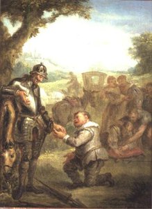 Dom Quixote após o duelo com o valente Biscau, inclina-se sobre o seu cavalo Rosinante, enquanto Sancho Panchez pede o governador da ilha de Barataria, cena do "Dom Quixote" de Cervantes (painel)