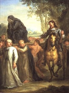 Dom Quixote erra uma estátua da Virgem Maria, sendo levada em procissão, como uma mulher levada contra a sua vontade, do "Dom Quixote" de Cervantes (painel)