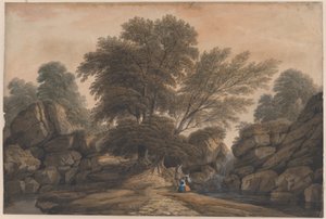 Figuras junto a uma cascata e a um lago numa paisagem arborizada de John Varley