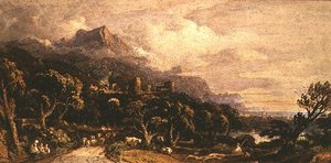 Paisagem com castelo e montanha (aguarela) de John Varley