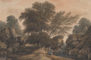 Figuras ao lado de uma Cachoeira e Piscina em uma Paisagem arborizada, 1812.