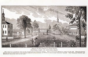 Parte central da Concord, de "Historical Collections of Massachusetts", de John Warner Barber, gravada por J. Downes, 1839