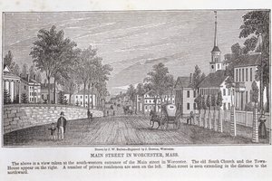 Main street em Worcester, de &39;Historical Collections of Massachusetts&39;, de John Warner Barber, gravada por J. Downes, 1839