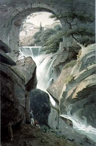 As Cataratas do Tivoli com três figuras em primeiro plano (wc) de John Warwick Smith