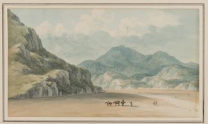 Vista sobre o Fraeth Mawr Sands, para Snowdon, em cruzá-los entre Penmorsa e Cynant, Merionethshire, 21 de julho de 1795 (wc no papel) de John Warwick Smith