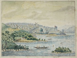 Adicionar. 13880, f.79 Vista de uma colônia britânica. Em primeiro plano, nativos em uma canoa, de um Journal mantido a bordo do transporte Minerva, da Irlanda para Nova Gales do Sul e Bengala, de John Washington Price de John Washington Price