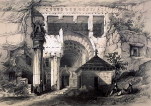 Karli, entrada da Grande Caverna Chaitya, 1845. de John Weale