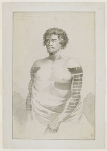 (Desenho inteiro) Retrato de um chefe de Borabora, [Puni?]; um homem barbudo com os braços fortemente tatuados com manchas rectangulares planas e uma grande mancha no lado esquerdo. dezembro de 1777 de John Webber