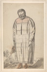 Um desenho intitulado "Um macho nativo da América do Norte" num caderno de esboços de John Webber de John Webber
