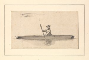 Um desenho intitulado "Northwest American Canoe" num caderno de esboços de John Webber de John Webber