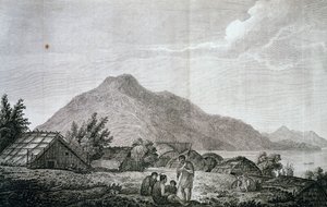 Dentro de hippah na ilha de Motuara, baseado em desenho de John Webber (1750-1793), de relato da última viagem de James Cook (1776-1779). gravura de John Webber
