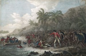 Capitão James Cook (1728-1779, explorador britânico) morto por havaianos nativos em Kealakekua Bay, Ilhas Sandwich (Polinésia), em 1779 - A Morte do Capitão James Cook em 14 de fevereiro