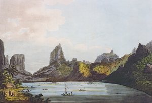 Vista do porto de Taloo na ilha de Eimeo, de “vistas nos mares do sul”, bar. 1789 (gravura)