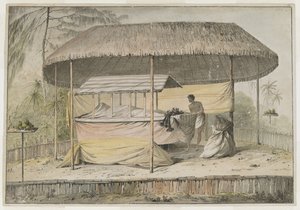 Waheiadooa, chefe de Oheitepeha, deitado, registado pelo capitão Cook durante a sua visita ao Taiti em 19 de agosto de 1777. Um palco funerário suporta o cadáver amortalhado e um acompanhante. Estão abrigados por um toldo coberto de relva e rodeados por um de John Webber
