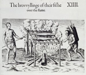 Cozinhar peixe, prato de &39;um breve e verdadeiro relatório da nova terra encontrada da Virgínia&39; por Thomas Harriot (1560-1621) pub. 1590 de John White