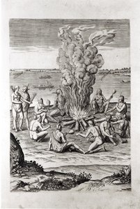 Índios rezando em volta de uma fogueira, gravada em "A Briefe and True Report of ... Virginia", de 1590, de Hariot, gravada por Theodor de Bry (1528-98) de John White