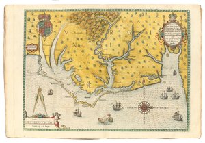 Mapa da Virgínia mostrando a chegada da expedição de Sir Walter Raleigh em 1585, 1590 de John White