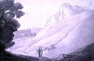 Uma paisagem montanhosa com duas figuras (caneta, tinta e aquarela)