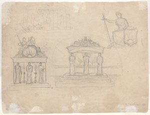 Estudos de fachadas clássicas de templos e figura feminina sentada [verso] de John William Casilear