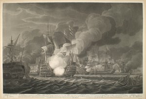 Para o EARL de S.T VINCENT os OFICIAIS amp; CREW, sob o comando de sua Senhoria esta Vista da Ação Galante que foi travada ao largo do Cabo de S. Vicente em 14 de fevereiro de 1797 por um Esquadrão Britânico de Quinze Velas de Linha amp; Fragatas / com o G