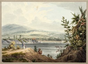 Ponte do Rio Hudson, perto de Waterford, Nova York, 1832 (aquarela, guache, vidros seletivos, grafite e arranhar em papel colocado no cartão)