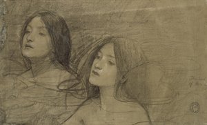 Estudo de duas ninfas para &39;Hylas e as ninfas&39; (giz preto com algum aumento em um papel cinza desbotado) de John William Waterhouse