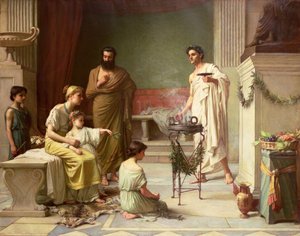 A visita de uma criança doente ao templo de Esculápio, 1877 de John William Waterhouse