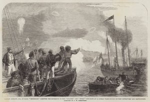 Capitão Hewlett, CB, da HMS Edinburgh, dirigindo os Movimentos do Snapper e Stork Gun-Boats em um Três-Decker Russo entre Gustafsvern e Bartholomew de John Wilson Carmichael