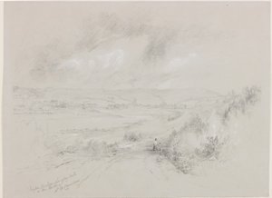 Haydon Bridge, Castelo de Langley à distância (bc e lápis sobre papel) de John Wilson Carmichael
