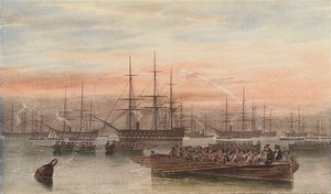 A frota do Báltico à noite com os barcos em primeiro plano de John Wilson Carmichael