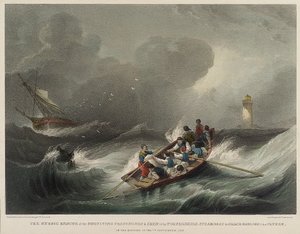 O salvamento heroico dos passageiros e da tripulação do navio a vapor Forfarshire, por Grace Darling e o seu pai, na manhã de 7 de setembro de John Wilson Carmichael