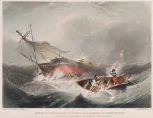 O naufrágio do vapor Forfarshire nos rochedos das ilhas Farne (Inglaterra), tal como se apresentava ao nascer do sol de 7 de setembro de John Wilson Carmichael