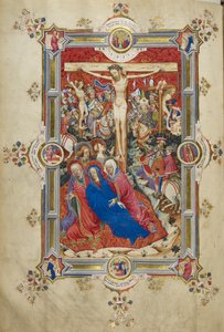 A Crucificação, introduzindo o Cânon da Missa. Cristo na cruz, flanqueado por ladrões, Virgem desmaiada apoiada por mulheres e São João, Madalena aos pés da cruz. Multidão de espectadores montados em vestido contemporâneo, incluindo Longinus, com anjos aci de John and Siferwas John (fl. 1380–1421 Whas
